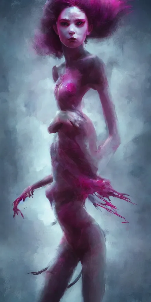 Image similar to shot of sinister girl with pouty aerochrome ( ( ( ( ( lips ) ) ) ) ), fungal, adorable, expressive eyes, playful pose of a dancer, greg rutkowski, charlie bowater, yuumei, stephen gammell, unreal 5, daz, hyperrealistic, octane render, dark, dynamic lighting, fantasy art, beautiful face