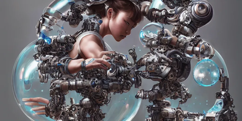 Prompt: hyperrealistic photography of a gorgeous big female cyborg constructing a bubble machine in the style of Jin Kagetsu, James Jean and wlop, highly detailed, masterpiece, award-winning, sharp focus, intricate concept art, ambient lighting, 8k, artstation