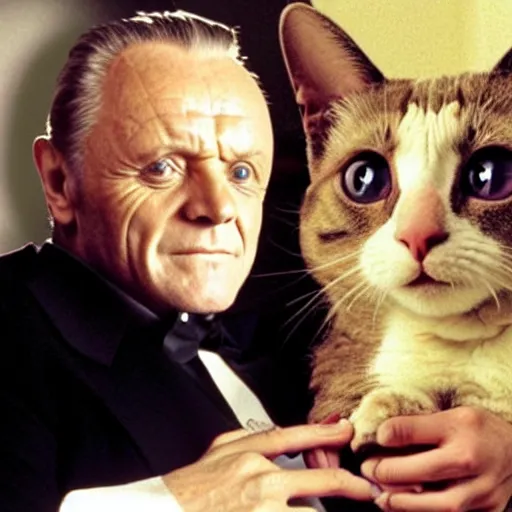 Prompt: anthony hopkins the godfather with the face of a cat, holding a cat with the face of anthony hopkins the godfather