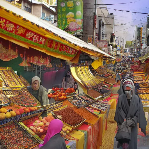 Prompt: A busy and crowded Persian and Japanese style Middle Eastern street. Fruit stalls under the cover of yellow tents are filled with colorful and exotic fruits. Incense burner stores are filled with metal made brass gourd shaped incense burners. Stalls selling carpets were hung with Japanese ukiyo-e style carpets. Realistic concept art, 4k, full of details. Digital art.