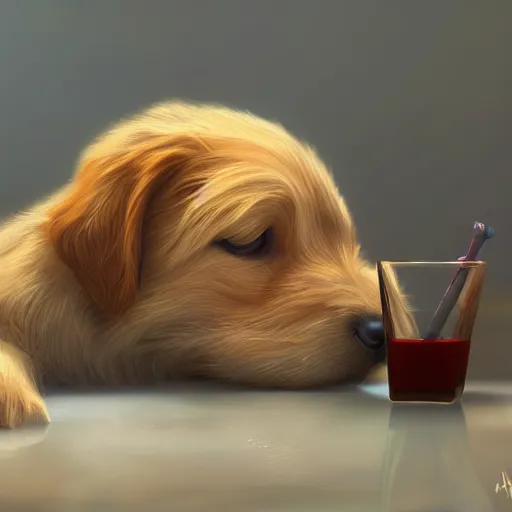 Image similar to cute puppy drinking juice, masterpiece, 8k, fantasy, cinematic lighting, highly detailed, digital painting, artstation, smooth, sharp focus, illustration, by Pixar