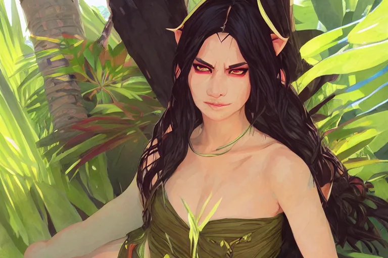 Prompt: half orc half elf woman, beautiful face and small orc tusks, tropical mage dress with high slit, several layers of fabric, laying in some shade on the beach, strong sunlight, bright light, light bloom, by ilya kuvshinov, krenz cushart, Greg Rutkowski, trending on pixiv