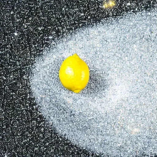 Prompt: a close up of a lemon made entirely out of glittering stardust. every speck of glitter is sharply in focus, and the stardust appears to be moving and swirling around. the background is a deep black.