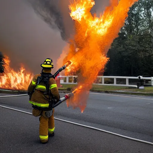 Prompt: photo of a firefighter using a flamethrower projecting a long flame. award-winning, highly-detailed