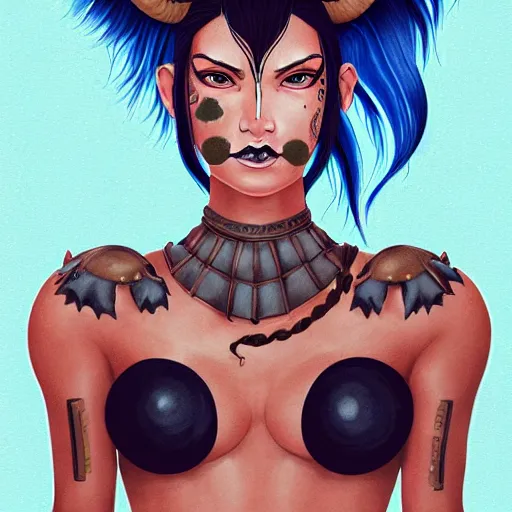 Image similar to illustrated realistic portrait of ram-horned devil woman with blue bob hairstyle and her tan colored skin and with solid black eyes wearing leather by rossdraws