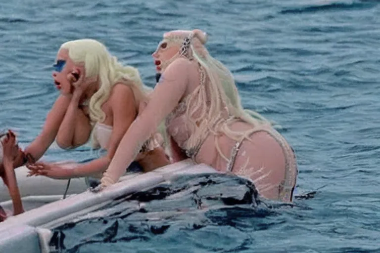 Prompt: nicki minaj and lady gaga fighting eachother on the titanic as it's sinking.