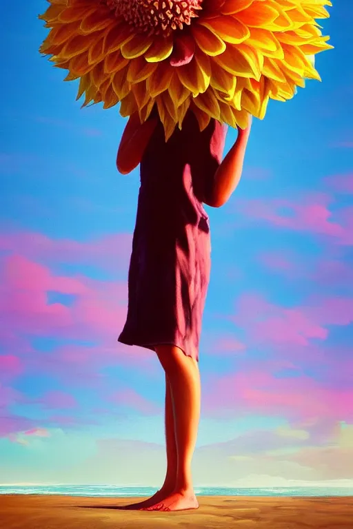 Image similar to closeup giant dahlia flower head, girl standing on beach, surreal photography, blue sky, sunrise, dramatic light, impressionist painting, digital painting, artstation, simon stalenhag