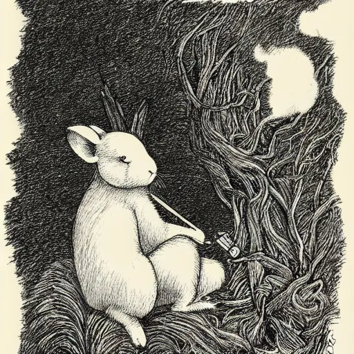 Image similar to a pen and ink drawing of a white rabbit smoking a cigarette while reclining in a deep dark tangled forest, a lingering smoke cloud, childrens book illustration, by edward gorey, by gustav dore