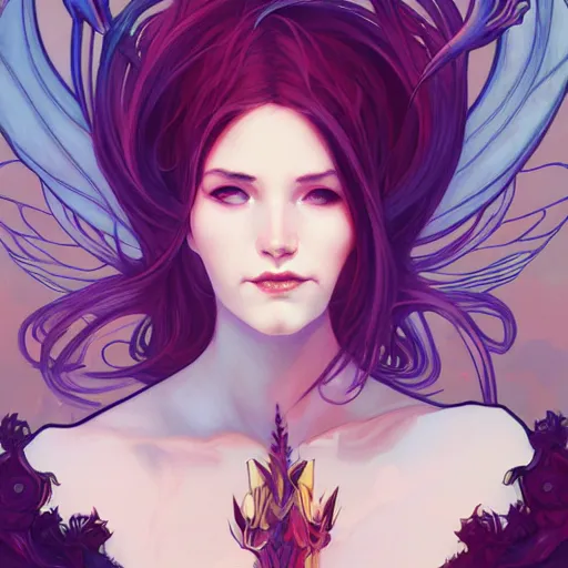 Prompt: Female human-dragon hybrid with horns and wings, ambient lighting, 4k, alphonse mucha, lois van baarle, ilya kuvshinov, rossdraws, artstation