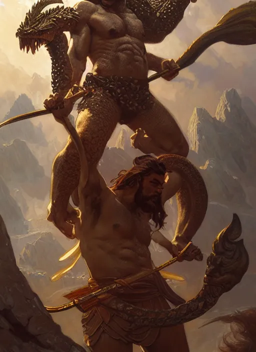 Image similar to portrait of heracles slaying the hydra, d & d, fantasy, intricate, elegant, highly detailed, digital painting, artstation, concept art, smooth, sharp focus, illustration, art by artgerm and greg rutkowski and alphonse mucha