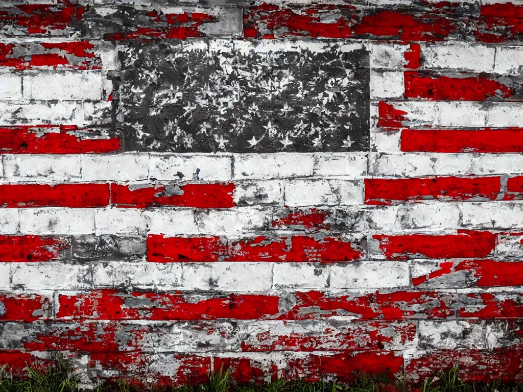 Image similar to an old cinder block wall painted with a mural of an american flag, cracked paint, rust stains and aging features