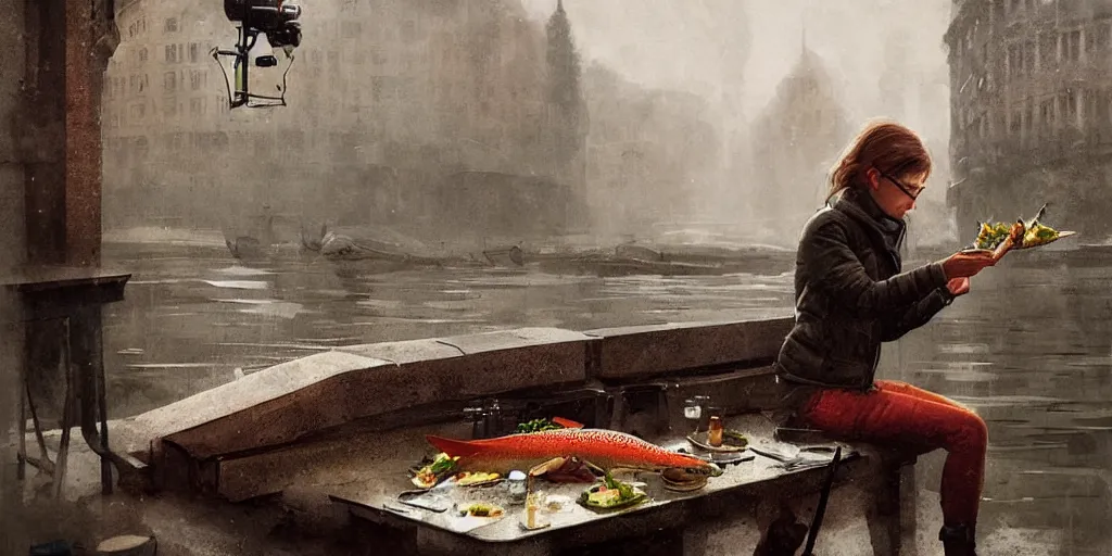 Image similar to journalist in oslo eating a trout, art by greg rutkowski