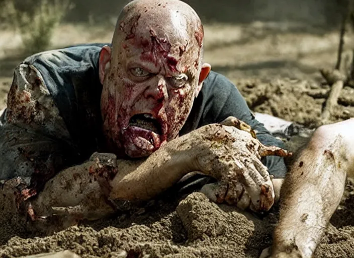 Prompt: zombie hank schrader emerging from a grave, movie still