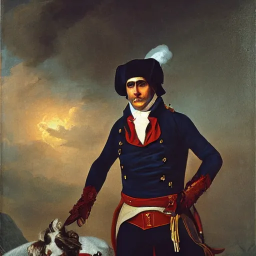 Image similar to joaquin phoenix as napoleon confused whilst storming a castle in napoleonic outift, oil painting