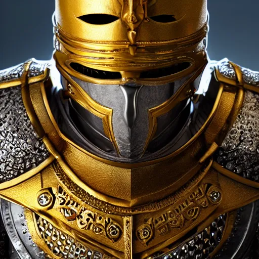 Image similar to a highly detailed knight in a T golden helmet and a golden crown with a blue diamond in the center, golden armor, leather clothes under the armor, leather gloves, holds a black sword, artstation, DeviantArt, professional, octane render, sunset lighting