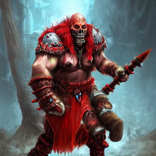 Prompt: red orc shaman, red theme lighting, skull staff, skull garments, battlefield background, in warcraft art style, epic fantasy style art, fantasy epic digital art, epic fantasy card game art