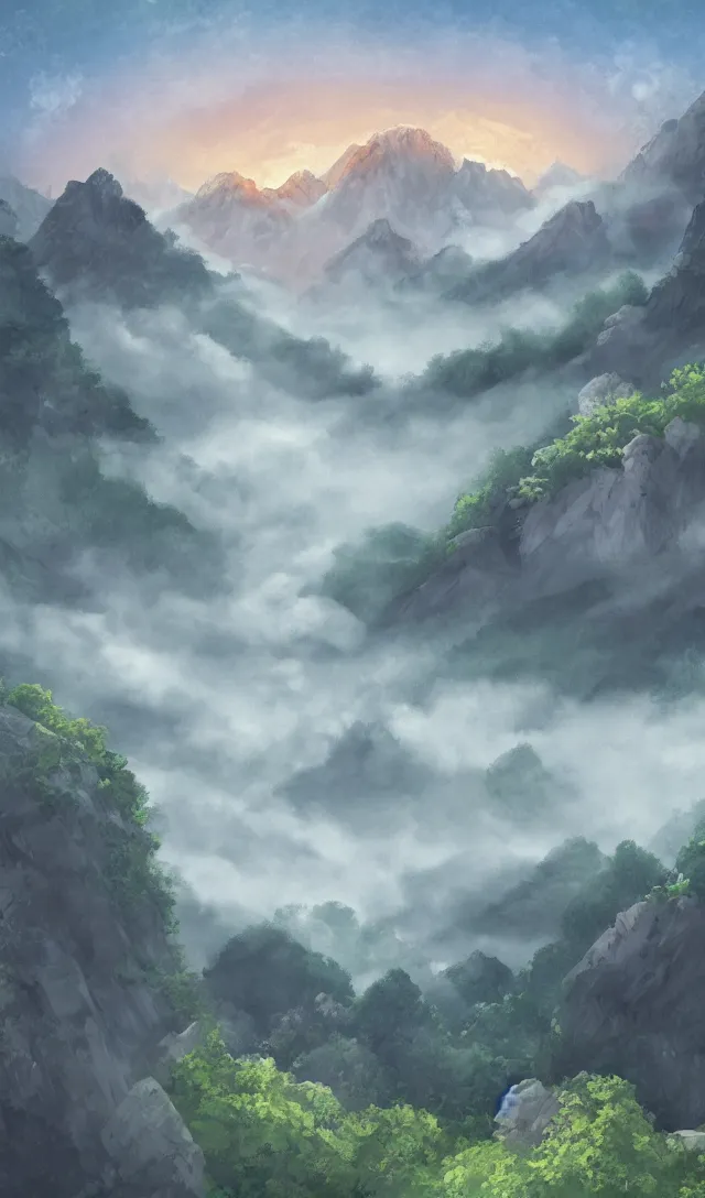 Image similar to magical landscape, mountains, misty, in the style of studio ghibli, high detail