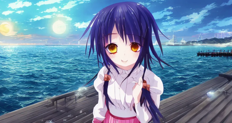 Prompt: one anime girl standing on a pier, blue shiny detailed eyes, looking at the camera, cute, the ocean as background at twilight, big moon above the water, colorful, magical, smooth, extremely detailed, detailed face, 8k, based on Puella Magi Madoka Magica