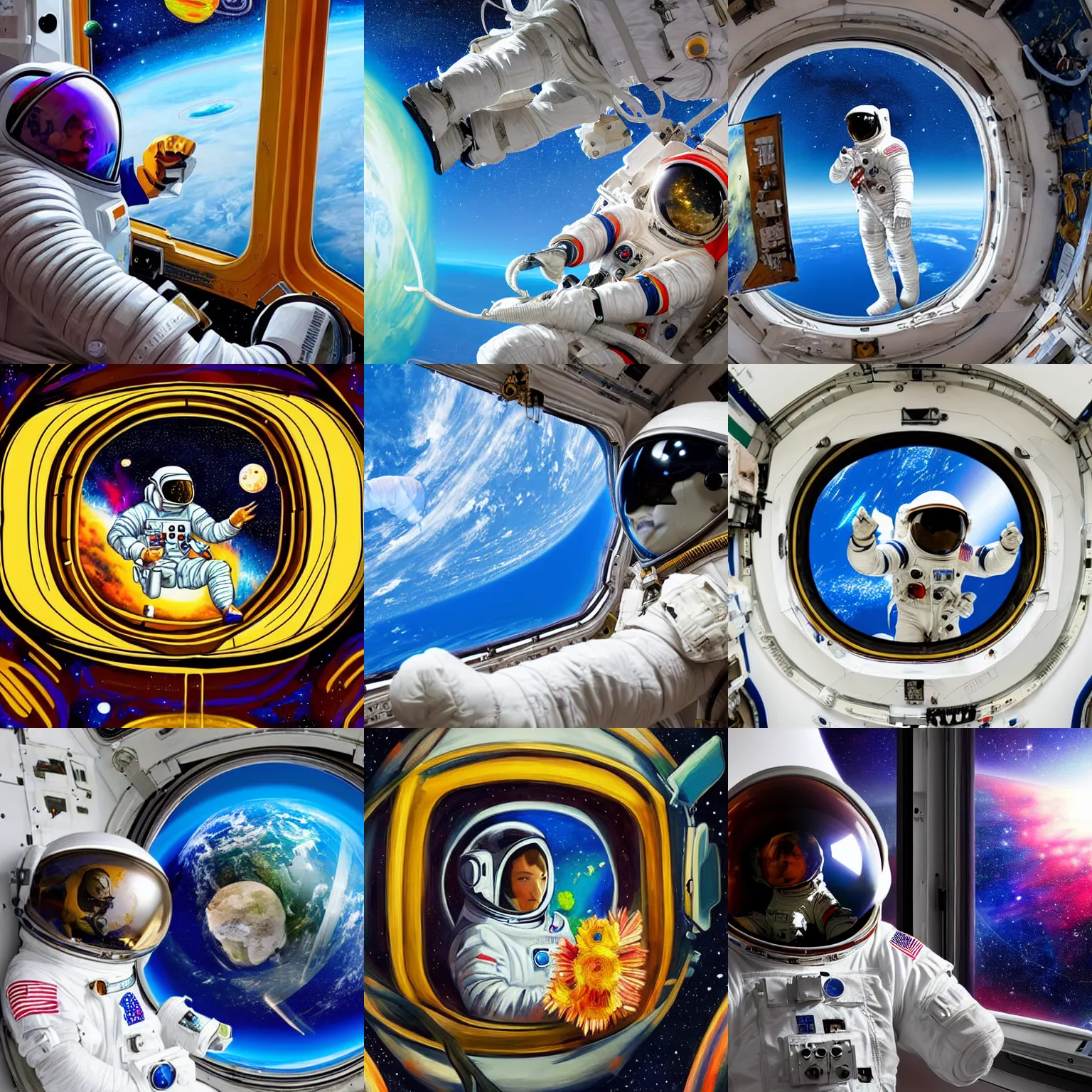 Prompt: astronaut with a space helmet painting a flower next to a huge window in space station with a view of Earth, beautiful, colorful, fantasy art, highly detailed, 4K