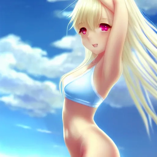 Image similar to tiny father a tall daughter picture : a very beautiful young blond anime girl, sky blue eyes, bikini, white miniskirt, highly detailed, cinematic wallpaper by stanley artgerm lau