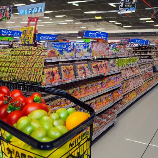 Prompt: Walmart Grocery Store Inside, Cam view, star wars ground battle in the store, using tomatoes, banana as weapons, 40nm lens, shallow depth of field, split lighting, 4k,