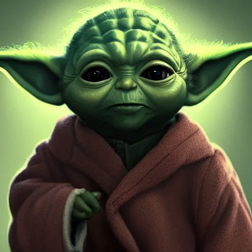 Image similar to portrait of baby yoda as a middle-aged man, au naturel, hyper detailed, digital art, trending on artstation, cinematic lighting, studio quality, smooth render, unreal engine 5 rendered, octane rendered, art style by klimt and nixeu and ian sprigger and wlop and krenz cushart