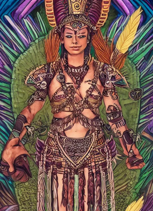 Image similar to character design, full body view, head to feet view, beautiful aztec warrior, muse goddess, crown of very long quetzal feathers, glowing aztec tattoos, pretty, dark fantasy