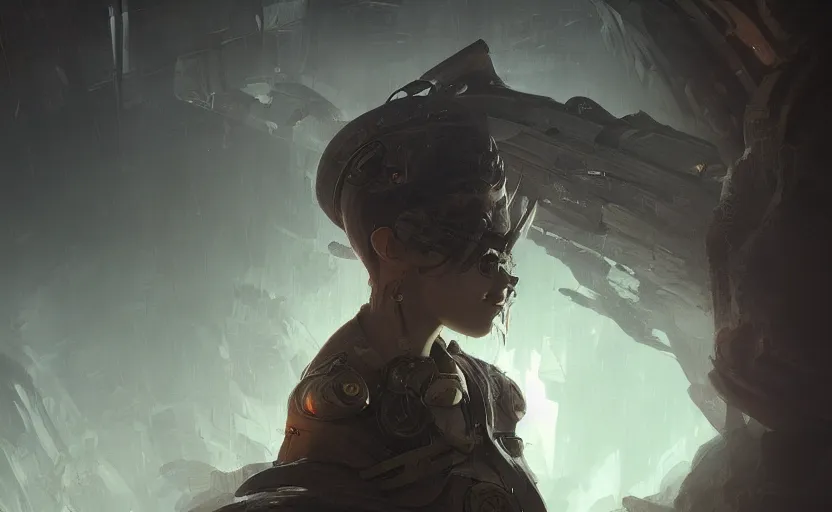 Image similar to portrait of sci fi ranger in brutalist environment, dark epic, acanthus scroll, ceremonial clouds, dripping paint, fibonacci rhythm, artstation, art germ, wlop, karol bak, christopher balaskas, ross tran