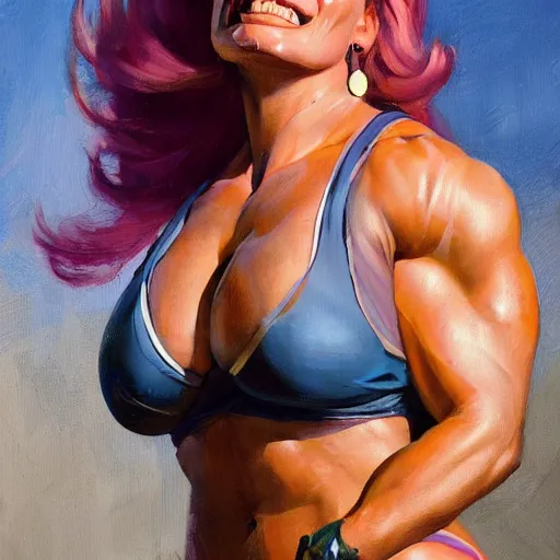 Image similar to greg manchess portrait of margot robbie as happy thick female bodybuilder zarya from overwatch in disco elysium, epic grimdark, fantasy, medium shot, asymmetrical, profile picture, organic painting, sunny day, matte painting, bold shapes, hard edges, street art, trending on artstation, by huang guangjian and gil elvgren and sachin teng