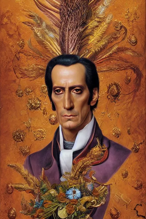 Prompt: hyper realistic portrait painting of simon bolivar ( intrincate detail, golden ornaments, feathers ) wet, flowers, by godward, gustav moreau, saturno butto, boris vallejo, austin osman spare and david kassan, by bussiere. occult art, occult diagram, turquoise and orange color scheme.