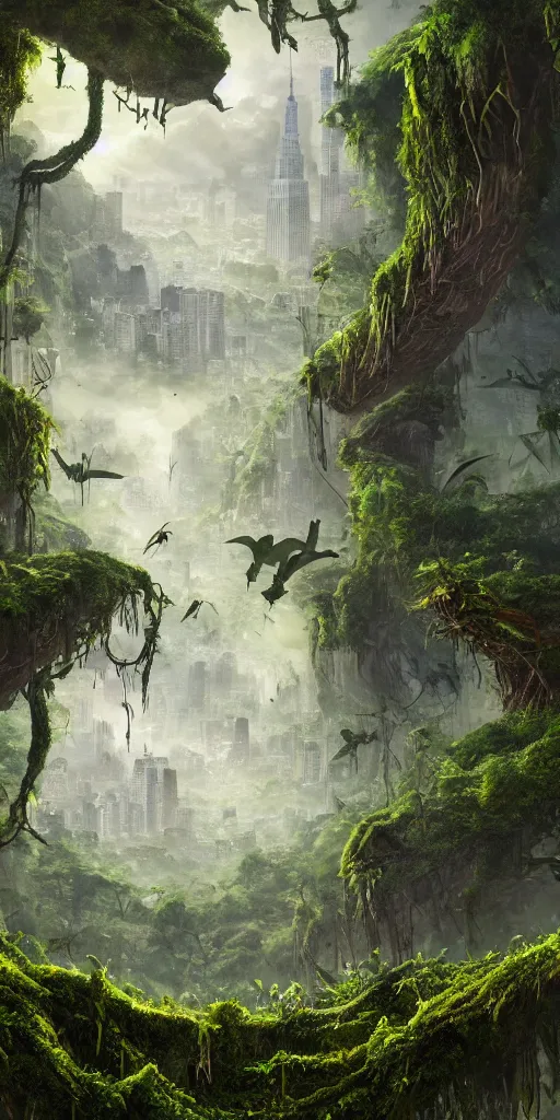 Image similar to an epic view of vines and moss growing on the empire state building, moss, jungle, with pterosaurs flying, close - up, low angle, wide angle, atmospheric, cinematic, very realistic, highly detailed digital art, painted by tyler edlin