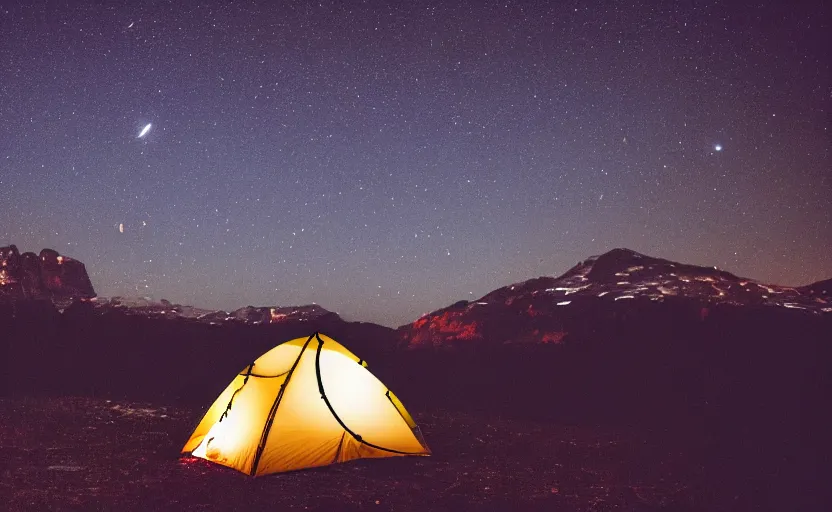 Image similar to night photography of the night sky with stars with a tent and fireplace in foreground