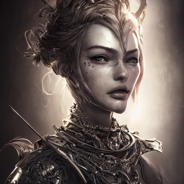 Image similar to the portrait of neutral evil fallen female knight vagabond as absurdly beautiful, gorgeous, elegant, sophisticated, woman, an ultrafine hyperdetailed illustration by kim jung gi, irakli nadar, intricate linework, bright colors, octopath traveler, final fantasy, unreal engine 5 highly rendered, global illumination, radiant light, detailed and intricate environment