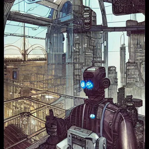 Image similar to Digital portrait of a Ghost in the machine by francois Schuiten, cyberpunk, impressive perspective, masterpiece