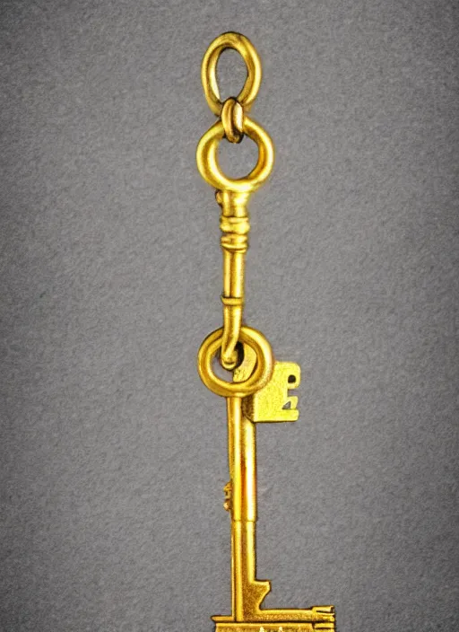 Image similar to small golden key, fantasy illustration, medieval era, blank background, studio lighting, hand - drawn digital art, 4 k, trending on artstation, symmetry