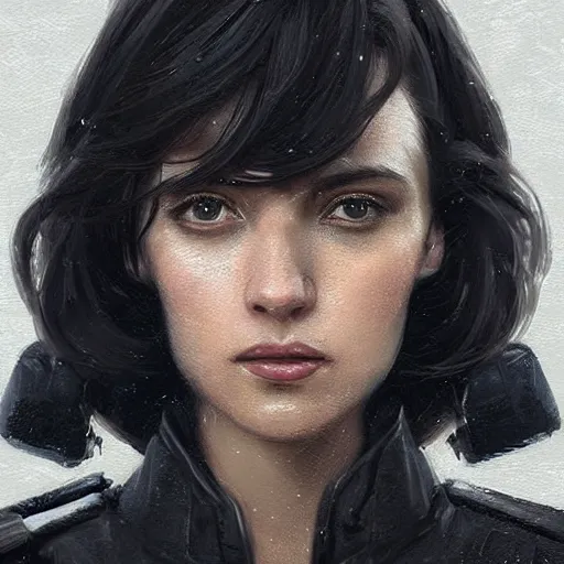 Prompt: Portrait of a woman by Greg Rutkowski, she is about 30 years old, black wavy hair with bangs, her features are a mix between French, Turkish and Russian, she is wearing a futuristic police gear, highly detailed portrait, digital painting, artstation, concept art, smooth, sharp foccus ilustration, Artstation HQ.