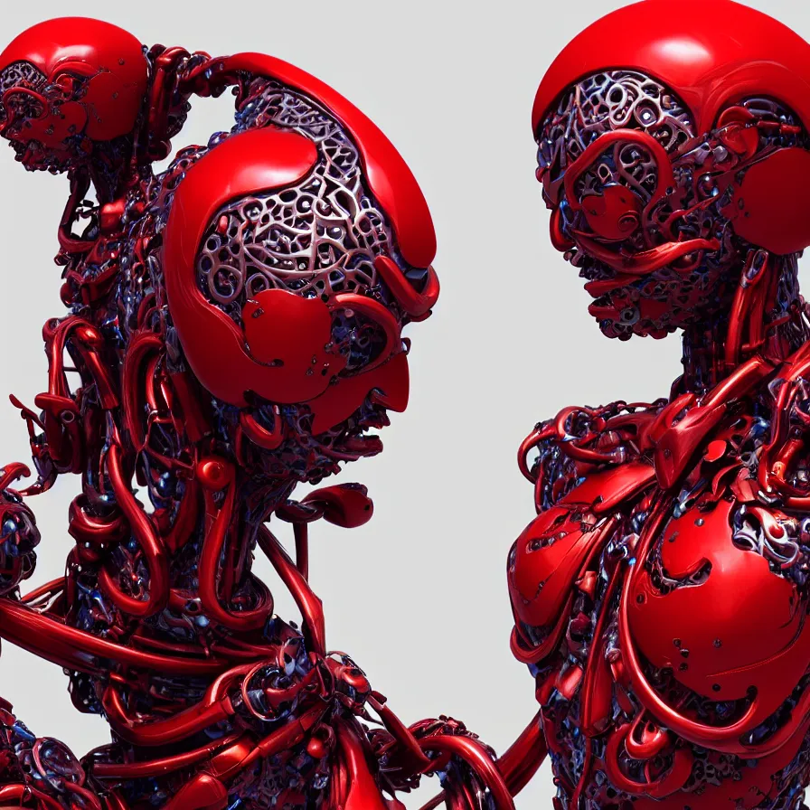 Prompt: statue david, red biomechanical, inflateble shapes, wearing epic bionic cyborg implants, masterpiece, intricate, biopunk futuristic wardrobe, vogue, highly detailed, artstation, concept art, background galaxy, cyberpunk, octane render