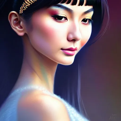 Image similar to digital painting of a close up face portrait of an elegant, beautiful, sophisticated, fashionable, pretty young burmese - japanese victoria justice, the rings of saturn. intricate ornate detail, eye focus, by artgerm, range murata, jeremy lipking, trending on pinterest, artstation hq, vivid 8 k, film still.