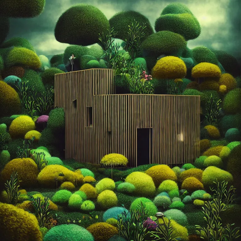 Image similar to tiny house by kengo kuma on island sea cloud surreal art by jason naylor, very coherent, sharp, colorful high contrast, dark shadows, hard lighting, floralpunk flower green plants garden, inking etching screen print, hd, 8 k hyper detailed, octane render