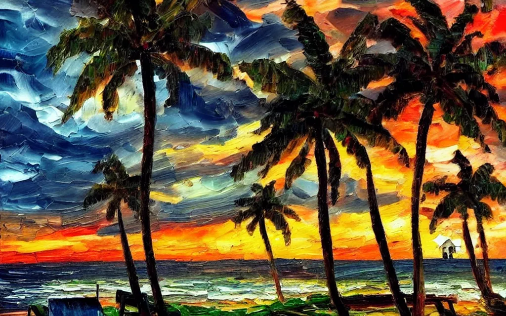 Prompt: a very very small island! with a cute cozy large cottage!! on it and a paved patio!!!! with chairs and string lights!!!, palm trees, dark evening cloudy sunset, dramatic and dynamic lighting, thick brush strokes oil impasto painting