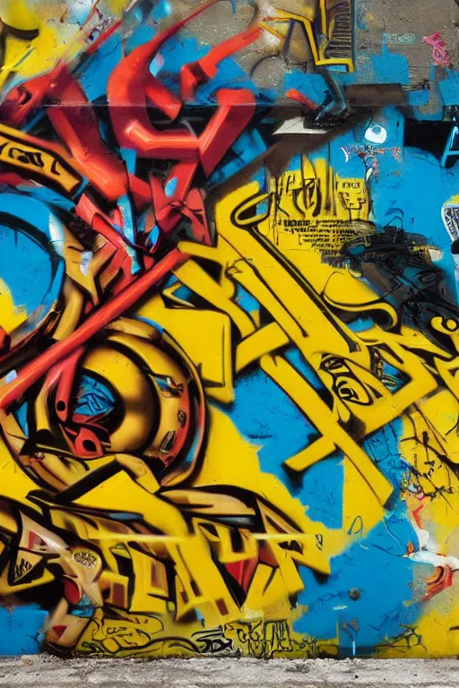 Image similar to extreme graffiti tag mural maximalism, yellow, brown, black and cyan color scheme, octane render