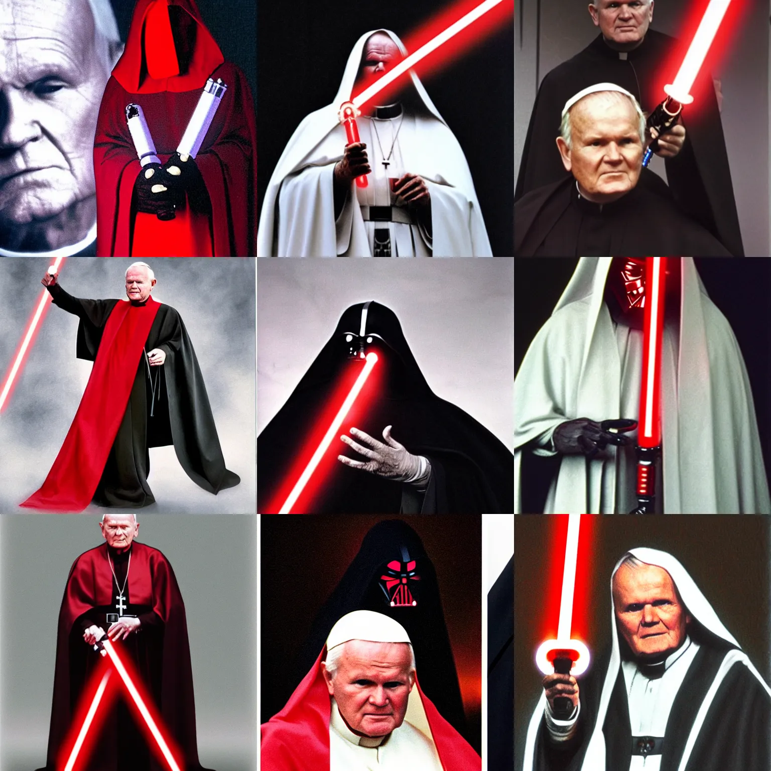 Prompt: john paul ii as a sith lord wearing a dark cape holding a red lightsaber.