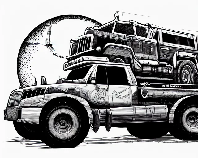 Image similar to a study of cell shaded cartoon huge truck limousine, in front of a big moon, illustration, wide shot, muted colors, post grunge, concept art by josan gonzales and wlop, david rubin, mike mignola, laurie greasley, highly detailed, sharp focus, trending on artstation, hq, deviantart, art by artgem