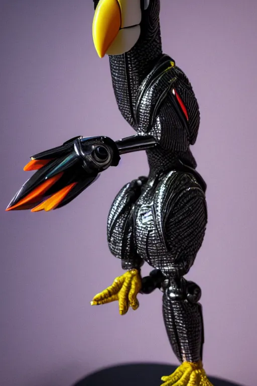 Image similar to a macro photo of a cyborg toucan miniature figurine, dynamic pose, chrome parts, glowing power source, intricate details, intricately detailed textures, warm lighting, vivid colors, realistic octane render, hyper realistic render, volumetric shading, depth of field, raytracing, 8 k,