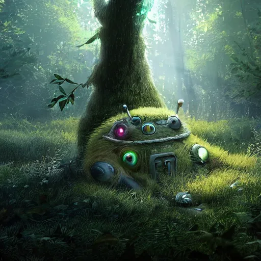 Image similar to A forest with a ray of light shining down onto the forest floor, tattered robot, totoro hiding behind tree, magical, enchanting, graveyard, studio ghibli, beautiful, fantasy, digital art, high detail, excellent quality, 4K, OLED