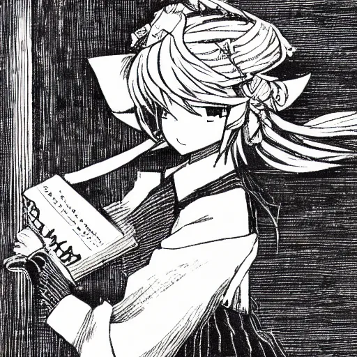 Prompt: Kirisame marisa, touhou, engraving, old book, etching