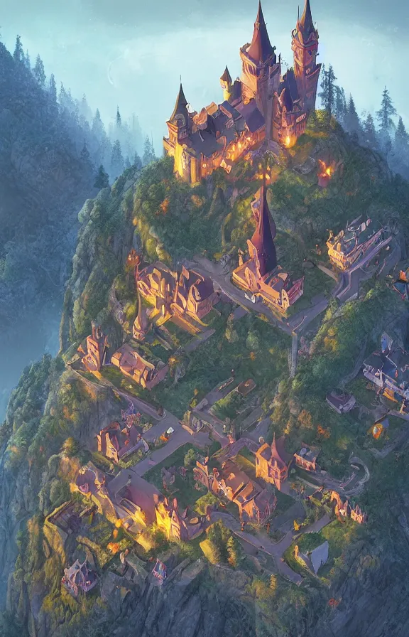 Prompt: magical castle school on a hill, dreamworks, sharp focus, zoomed in, highly detailed, simon stalenhag, print, game art