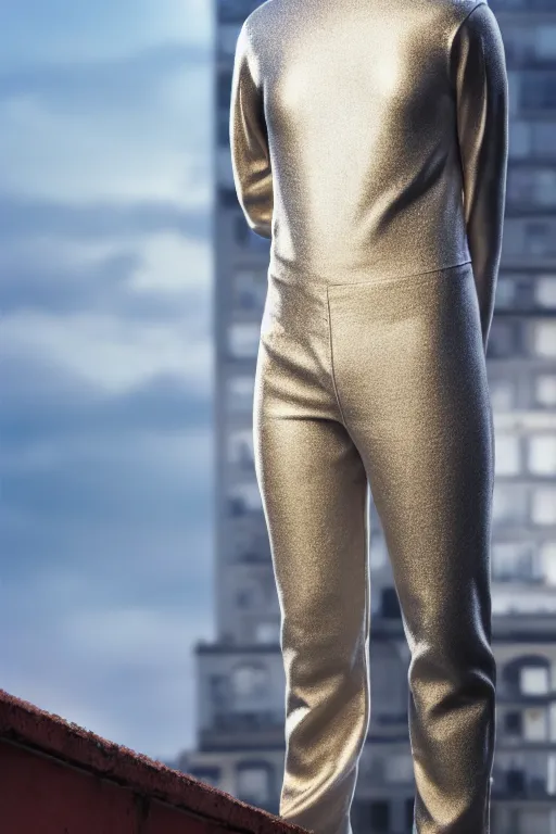 Image similar to un ultra high definition studio quality photographic art portrait of a young man standing on the rooftop of a british apartment building wearing soft padded silver pearlescent clothing. three point light. extremely detailed. golden ratio, ray tracing, volumetric light, shallow depth of field. set dressed.