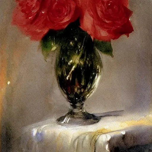 Prompt: red roses in a crystal vase, water paint, watercolor blooms, jmw turner, john singer sargent