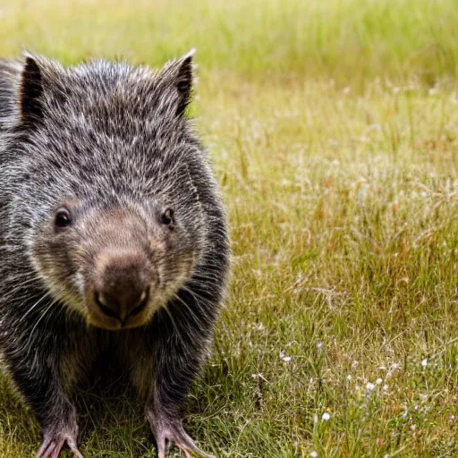 Prompt: a wombat sneaks up behind an old man with grey hair, they're in a grass field, photorealistic 8k
